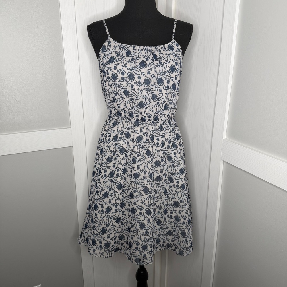 Loft Dress Womens Small Petite White Blue Floral Elastic Waist Sun Dress SP